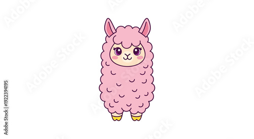 Cute Pink Fluffy Alpaca Cartoon Character.