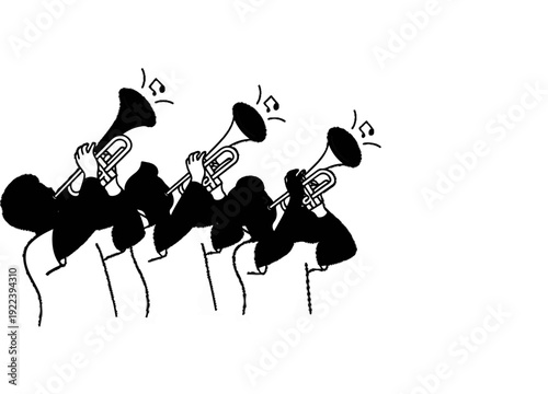 Three musicians in silhouette play trumpets, with musical notes floating above