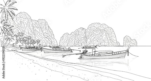 Tropical island coastline with karst formations and long tail boats