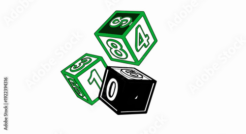 Three numbered dice, two green and one black, suspended mid-air
