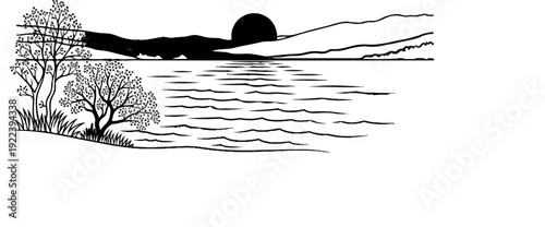 Stylized trees and grass on a shore with a round sun over a mountain range and rippling water