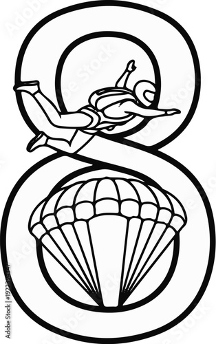Stylized number 8 graphic featuring a skydiver above a parachute, both within circular outlines