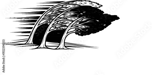 Stylized trees bending under strong wind, with horizontal streaks