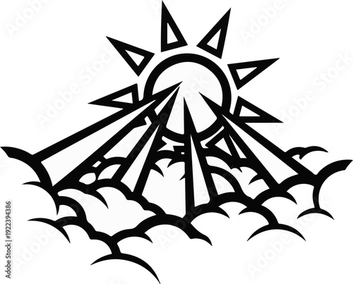 Stylized sun with sharp rays emerging above abstract cloud shapes