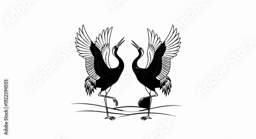 Two elegant black and white cranes with wings spread, facing each other