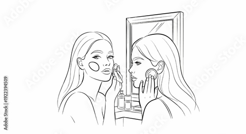 Two women applying makeup in front of a mirror with bottles