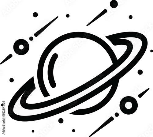 Stylized planet with rings and orbiting celestial bodies