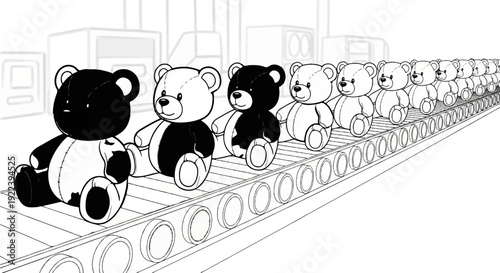 Teddy bears of alternating colors on a factory conveyor belt