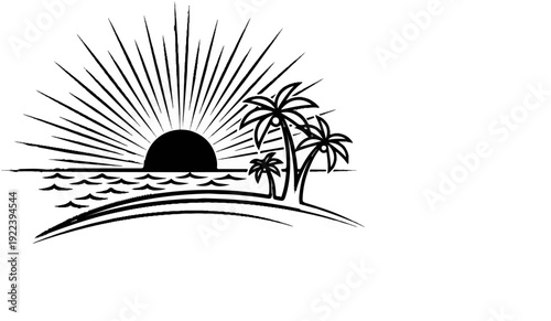 Stylized tropical island scene with sunburst over water and palm trees