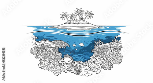 Tropical island with palm trees above a vibrant coral reef ecosystem