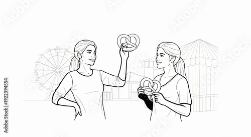 Two women at a fair holding pretzels with a Ferris wheel and stalls behind