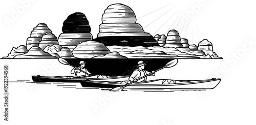 Two people kayak past striking rock formations under a sunburst