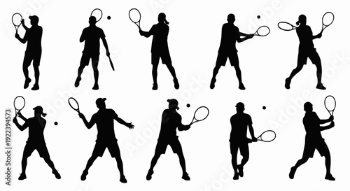 Ten silhouette figures playing tennis in various poses on a white background