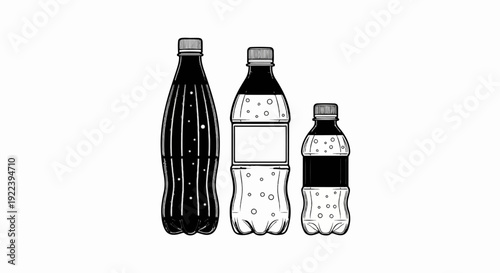 Three plastic bottles containing bubbly dark liquid and caps
