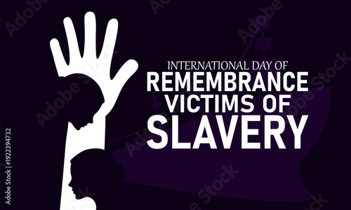 International Day Remembrance Victims Slavery, March 25 Vector, Broken Chains Handcuffs Ship, Blue Ribbon Awareness Poster, Flat Design Freedom Abolition History Banner Illustration Stock Graphic