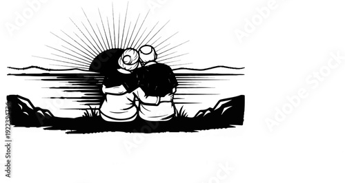 Two figures embracing by the water's edge at sunrise