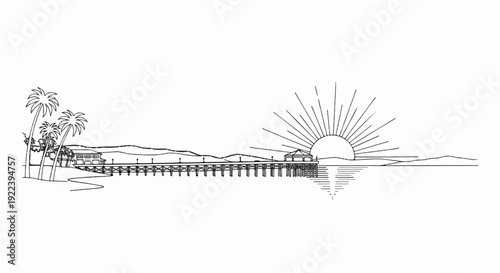 Tropical pier and palm trees at sunrise with reflections on water