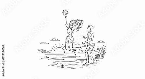 Two people playing volleyball at sunset on a beach