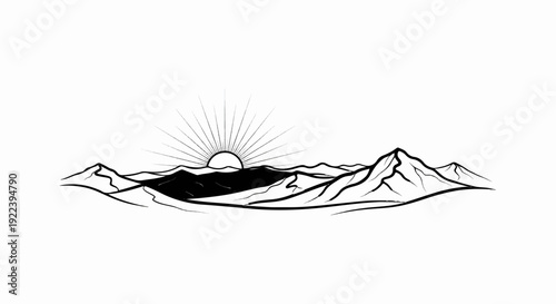 Stylized sunrise over a mountainous landscape in minimalist black and white