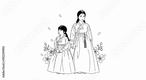 Two women in traditional Korean clothing with flowers