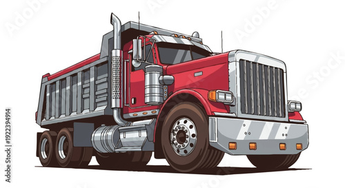 Illustration of a red dump truck with a silver grill and wheels on a white background, showcasing many people are not present but the vehicle is prominent.