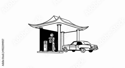 Stylized vintage car at a pagoda-roofed gas station with pumps