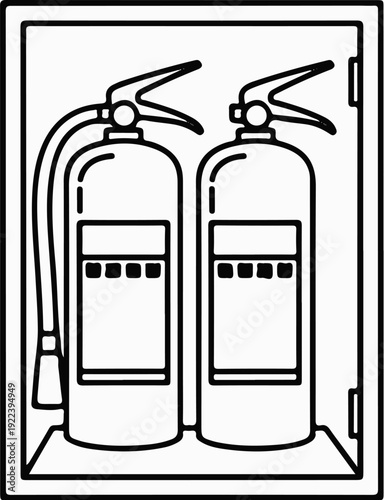 Two fire extinguishers in a red cabinet, line art
