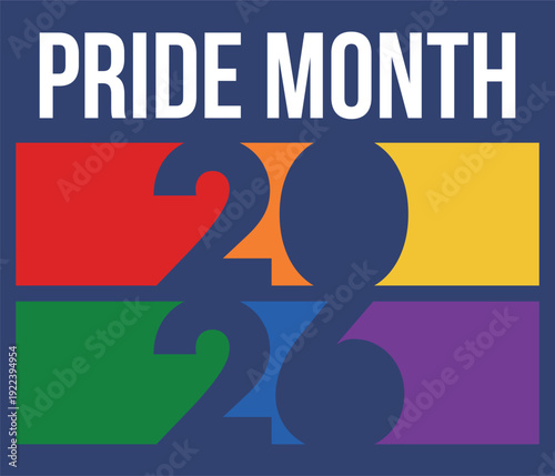 LGBT Pride Month in June. 2026. Lesbian Gay Bisexual Transgender. Celebrated annual. LGBT flag. Rainbow love concept. Human rights and tolerance. Poster, banner and background. Vector illustration