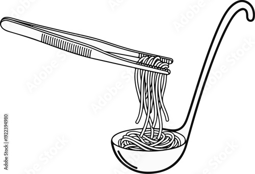 Tweezers lifting noodles from a ladle into a bowl