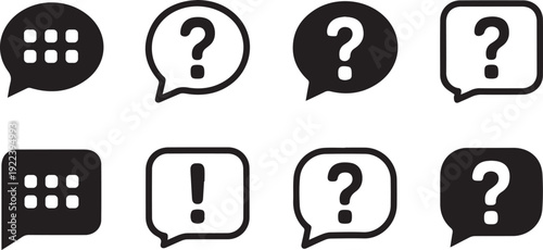  Question mark icon set. Speech bubble support symbols. Help, info, chat, FAQ, guidance - stock vector