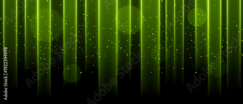White vertical light curtain composition. Multiple glowing columns descending from top, scattered light dots, soft circular bokeh, dark backdrop, luminous haze atmosphere, abstract stage illumination.