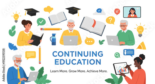 Diverse group of people and seniors using laptops and tablets for "Continuing Education". Concept of lifelong learning, online courses, and personal growth.