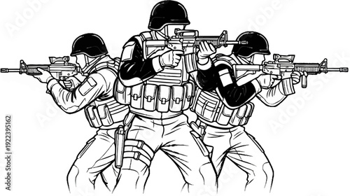 Three soldiers in tactical gear aiming rifles, front view, black and white line art