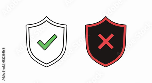 Two shields, one green checkmark, one red X, symbolizing approval and denial