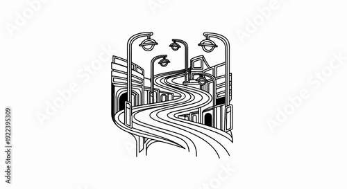 Stylized winding road through a monochrome urban landscape with streetlights