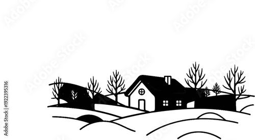Stylized winter landscape with a house and bare trees