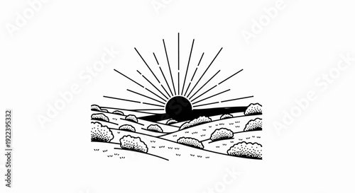 Stylized sunrise over rolling hills dotted with scrubby bushes
