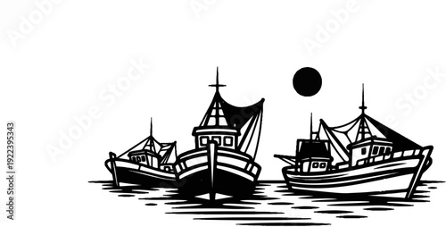 Three black and white fishing boats sail on rippling water under a dark sun