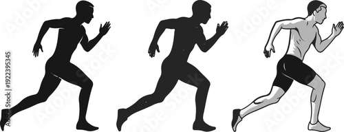 Three stylized runners in motion, two silhouetted, one detailed grayscale