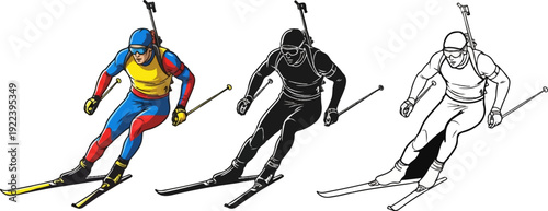 Three stylized illustrations of a biathlete skiing with poles