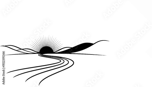 Stylized sunrise over rolling hills with a winding path leading into the distance