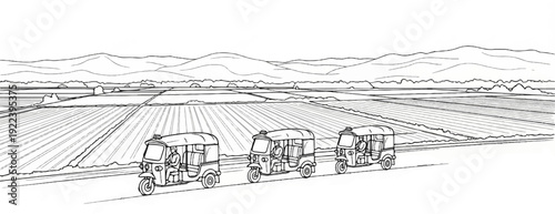 Three auto-rickshaws travel on a road beside cultivated fields under mountains