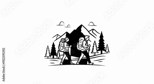 Two backpackers hike through mountains with pine trees and clouds