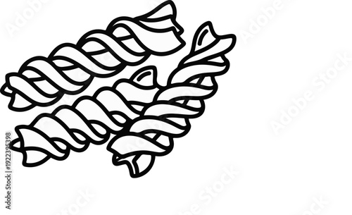Three black and white fusilli pasta spirals are intertwined