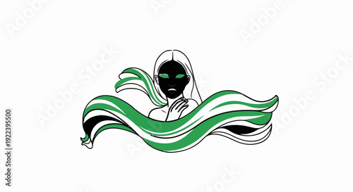 Stylized woman with flowing green and black ribbon-like fabric