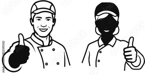 Two smiling people in chef outfits giving a thumbs up