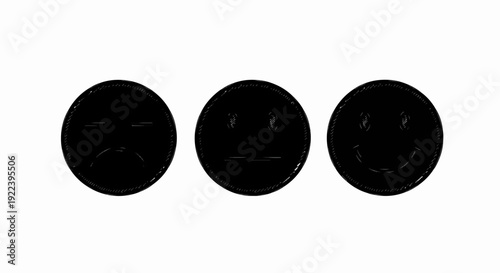 Three black smiley faces expressing different emotions sad, neutral, and happy