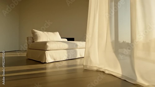 Minimalist Bedroom with Flowing Curtain and Natural Light