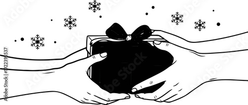 Two hands exchanging a dark gift box with snowflakes falling around