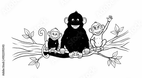 Three cartoon monkeys sit on a tree branch, one waving hello